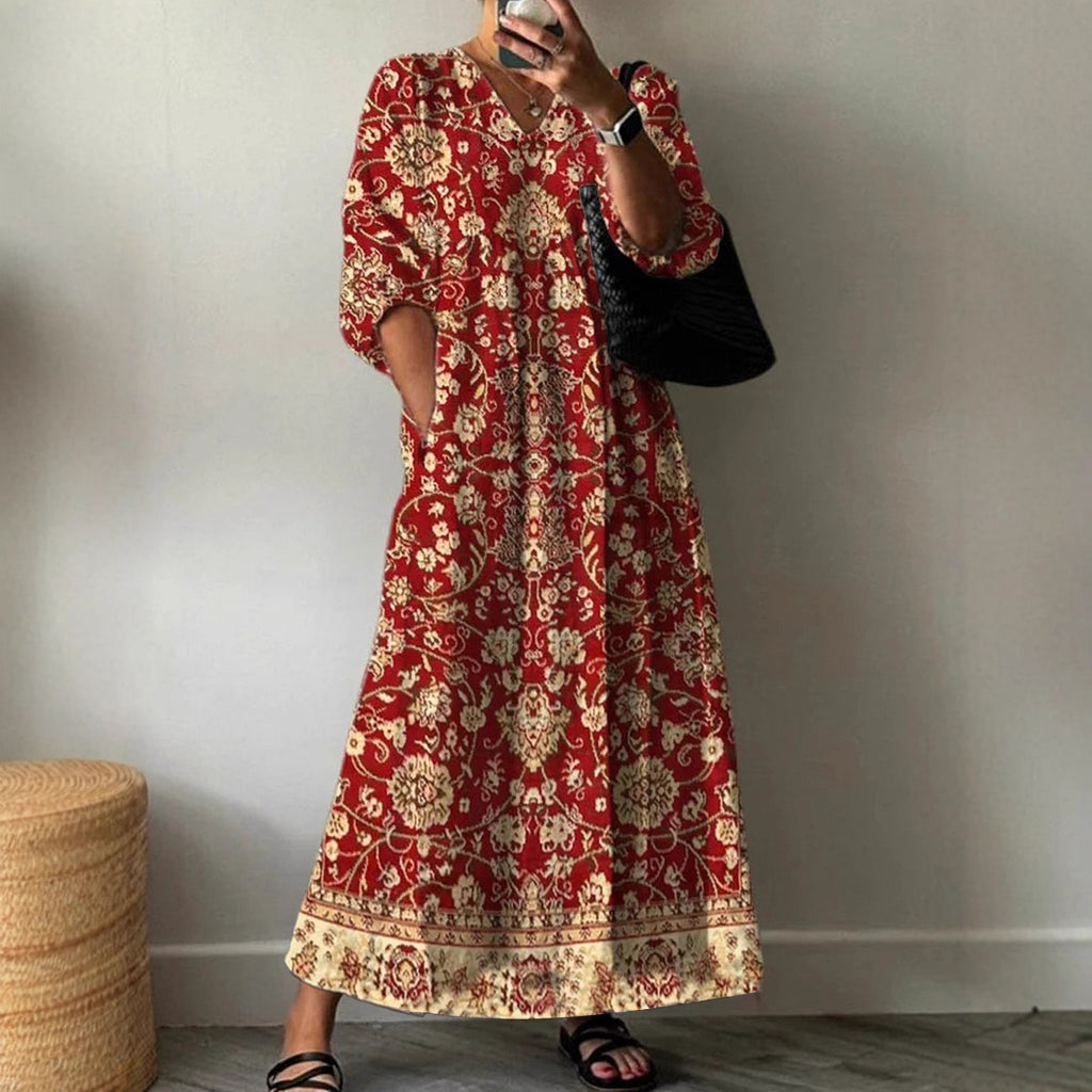 Summer Fashion Casual V-Neck Mid-Sleeve Floral Long Dress Qing