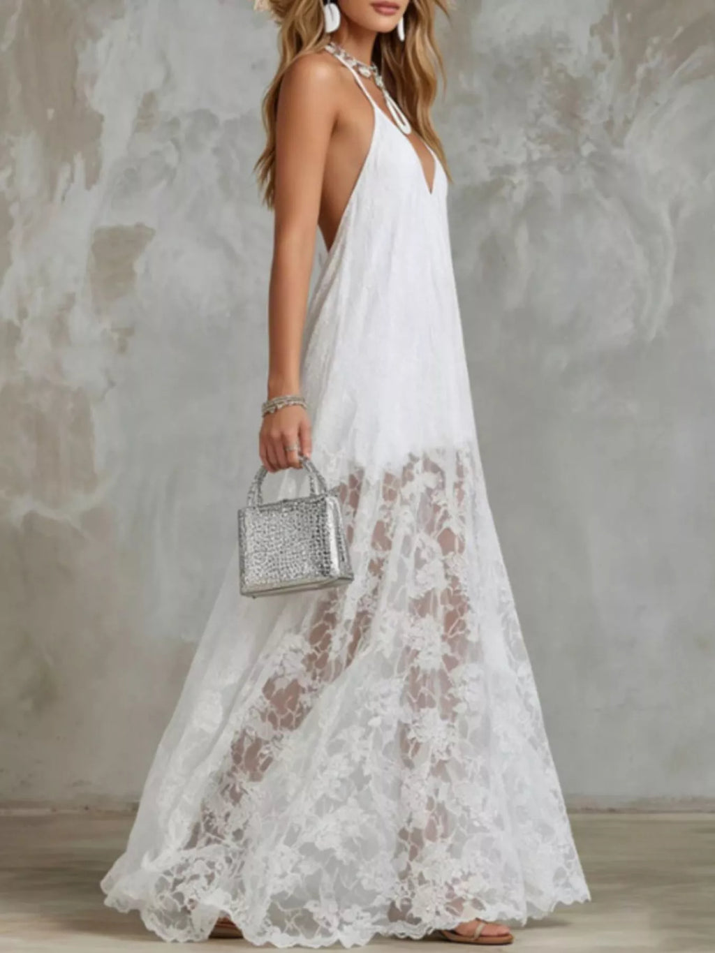 Women's White Halter Neck Lace Hem Maxi Dress - White