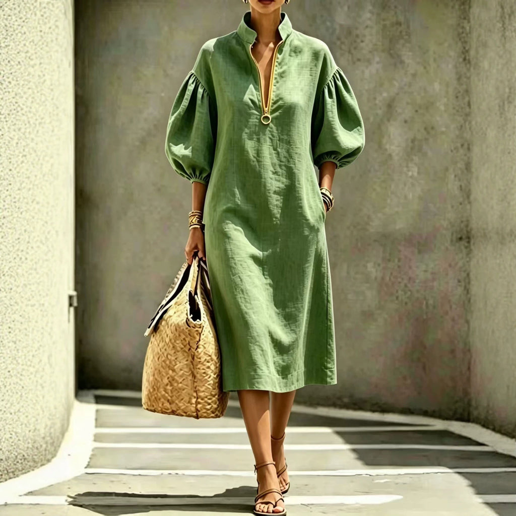 Summer New Women's Casual Loose Stand-Up Collar Puff Sleeve Half-Zip Women's Dress