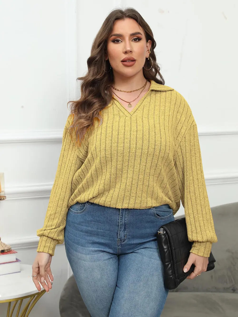 Women's Ribbed Collared Neck Long Sleeve Blouse, Plus Size