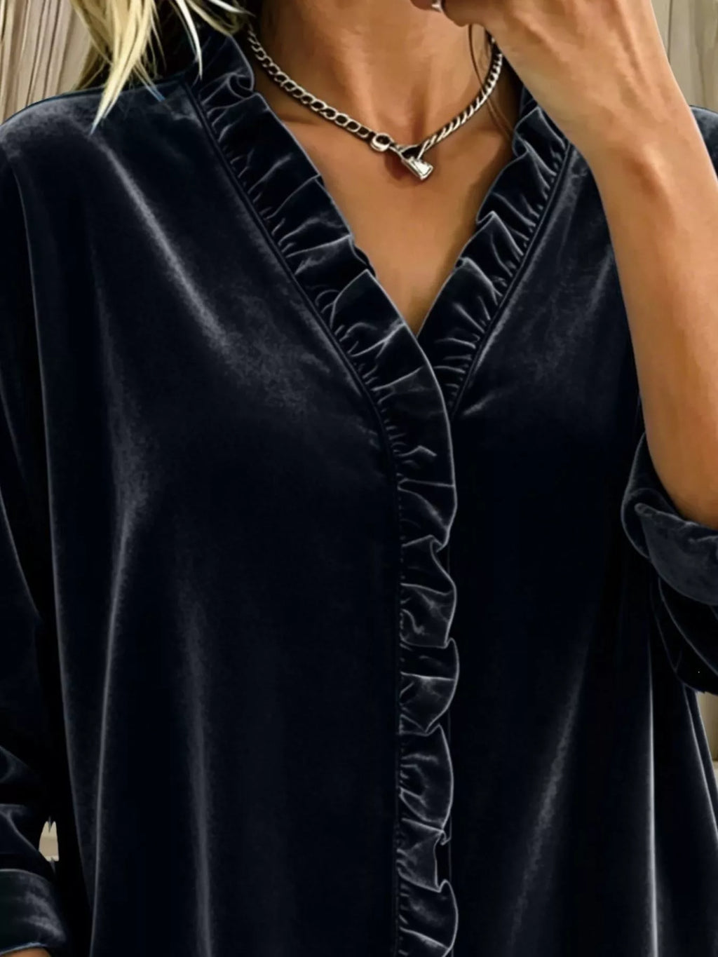 Women's Velvet Frill V-Neck Blouse