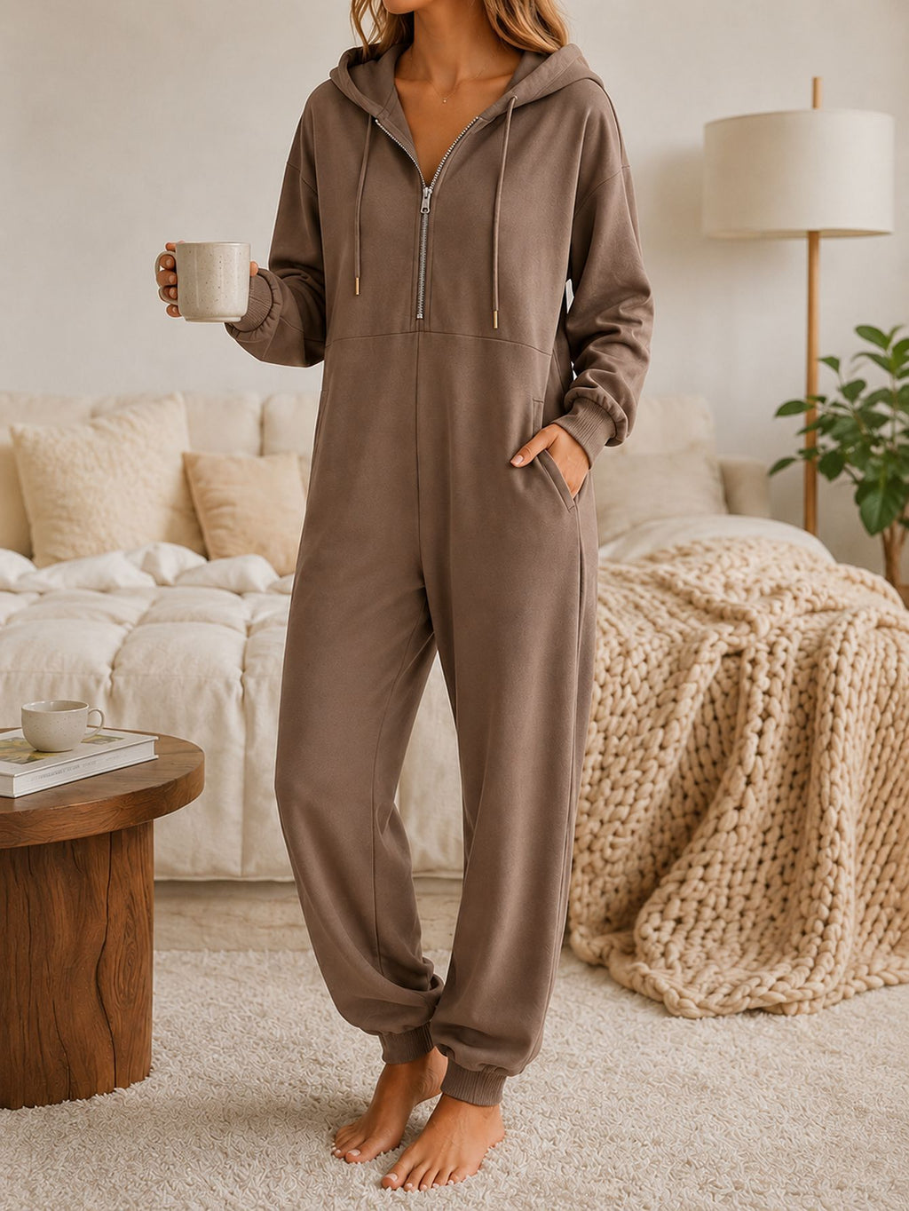 Women Hooded Jumpsuit Loungewear, Half Zip Drawstring Long Sleeve Jogger One Piece Pajama Jumpsuit With Pockets