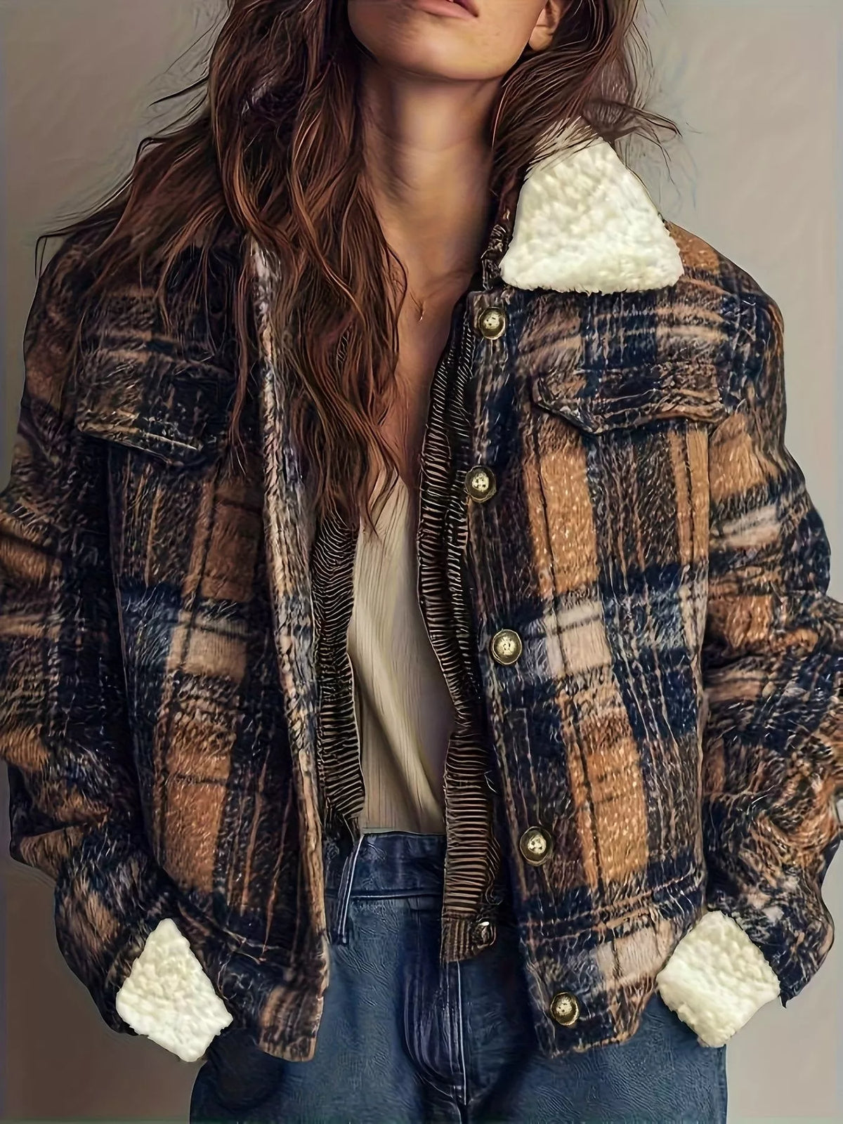 Women's Sherpa-Lined Plaid Button-Down Outerwear - Plaid
