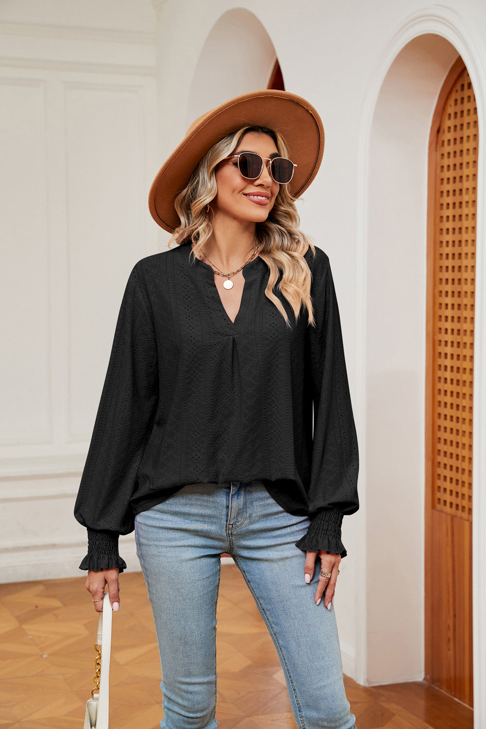 Women's Notched Neck Flounce Sleeve Blouse