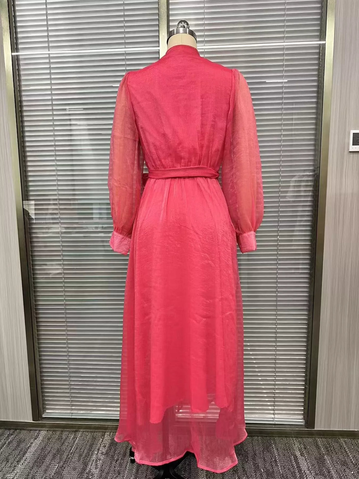 Women's Strawberry Long Sleeve Chiffon Wrap Maxi Dress with High Slit - Strawberry