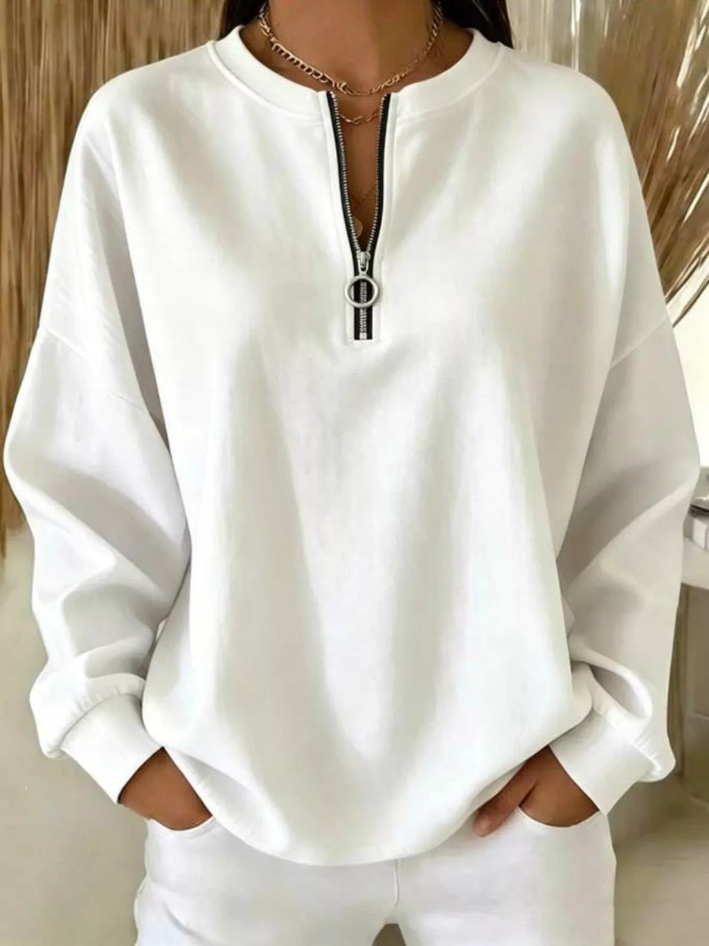 Women's Quarter-Zip Dropped Shoulder Sweatshirt - White