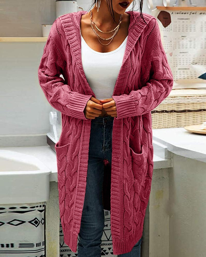 Long Knitted Plus-size Solid-color Sweater With Long Sleeves And Pockets