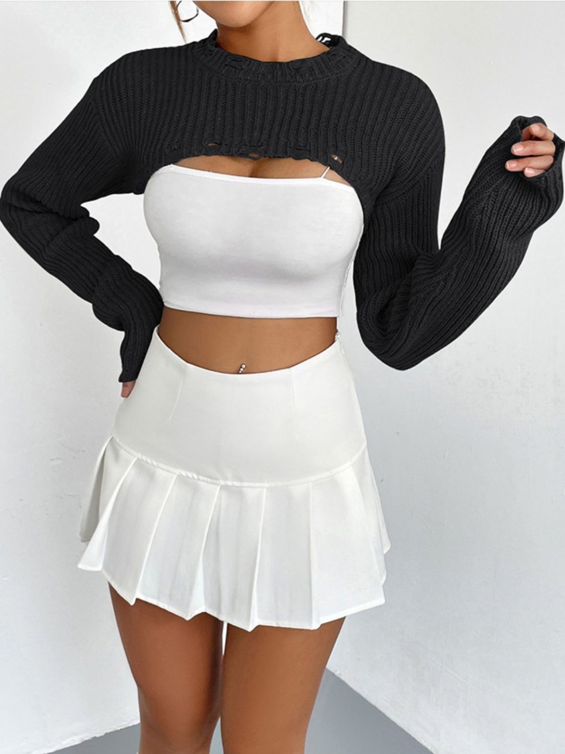 Women's Distressed Long Sleeve Cropped Sweater