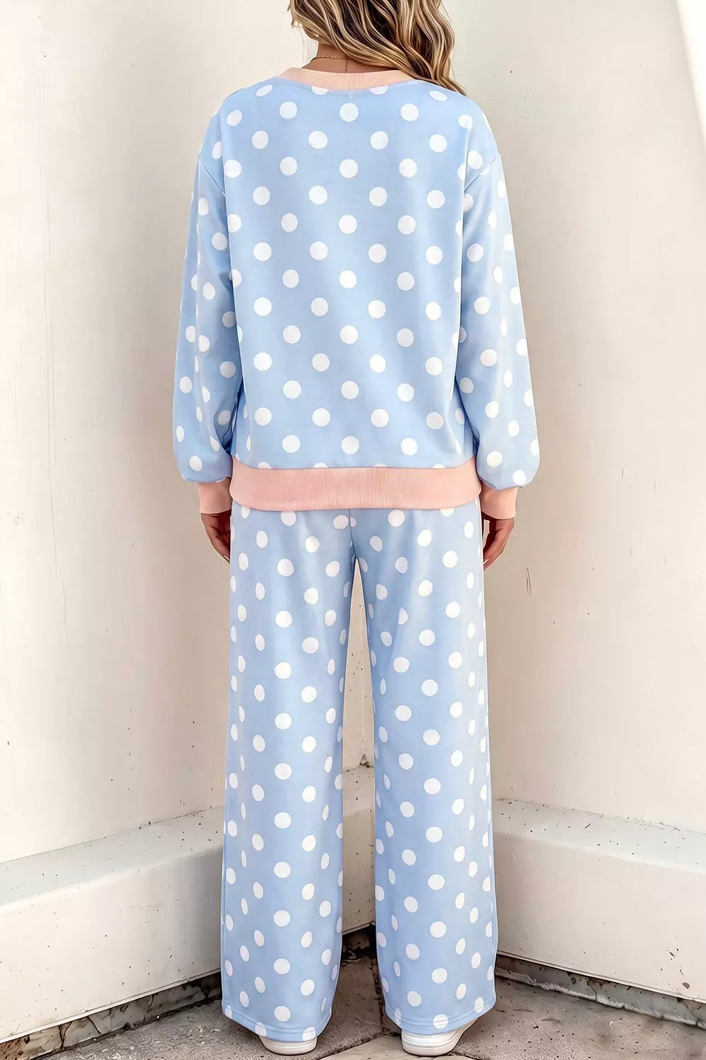 Women's Light Blue Polka Dot Contrast Trim Long Sleeve Top Drawstring Shift Pants Set - Light Blue