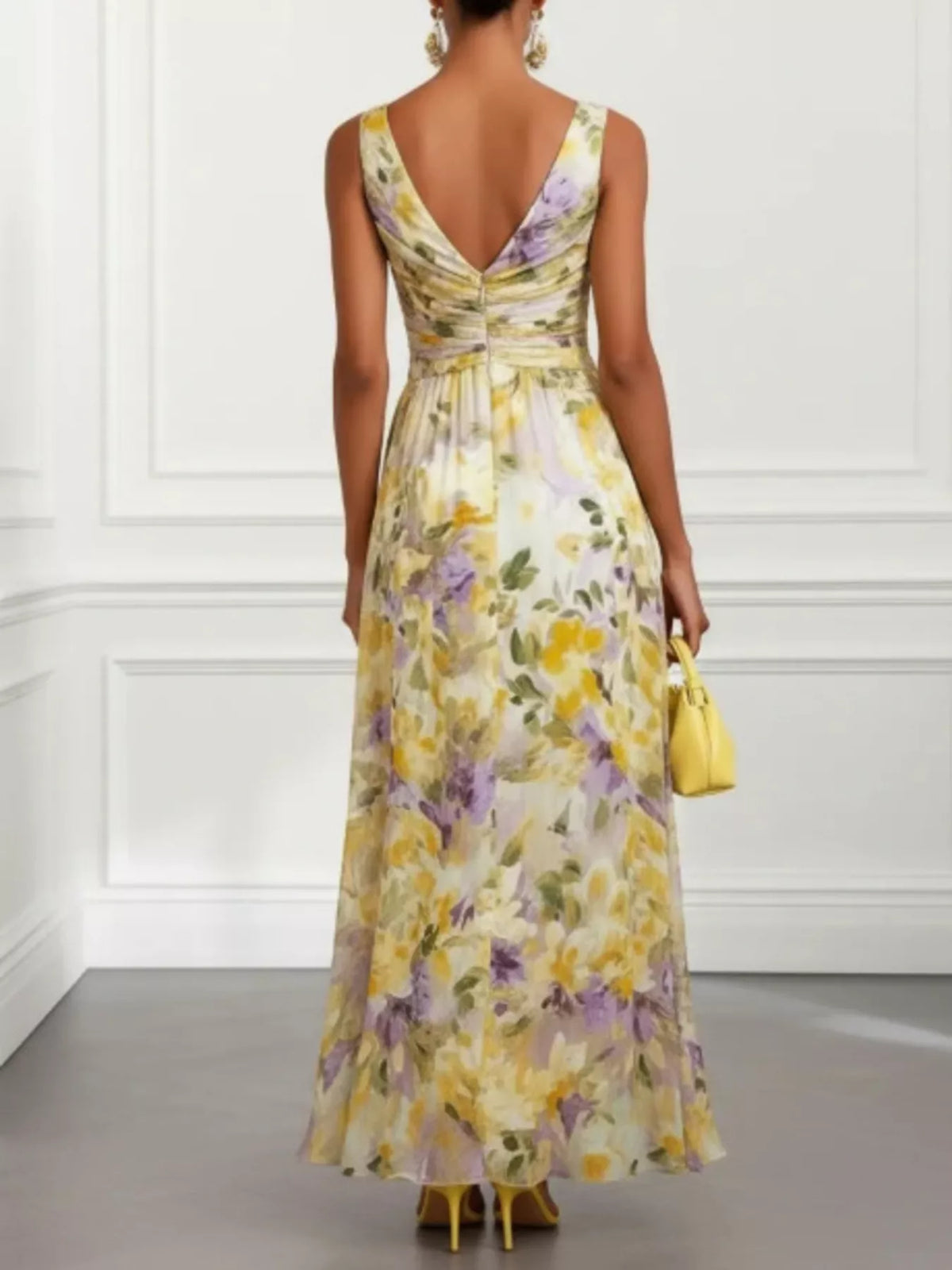 Women's Yellow Floral Print Sleeveless Twist-Front Maxi Dress - Yellow