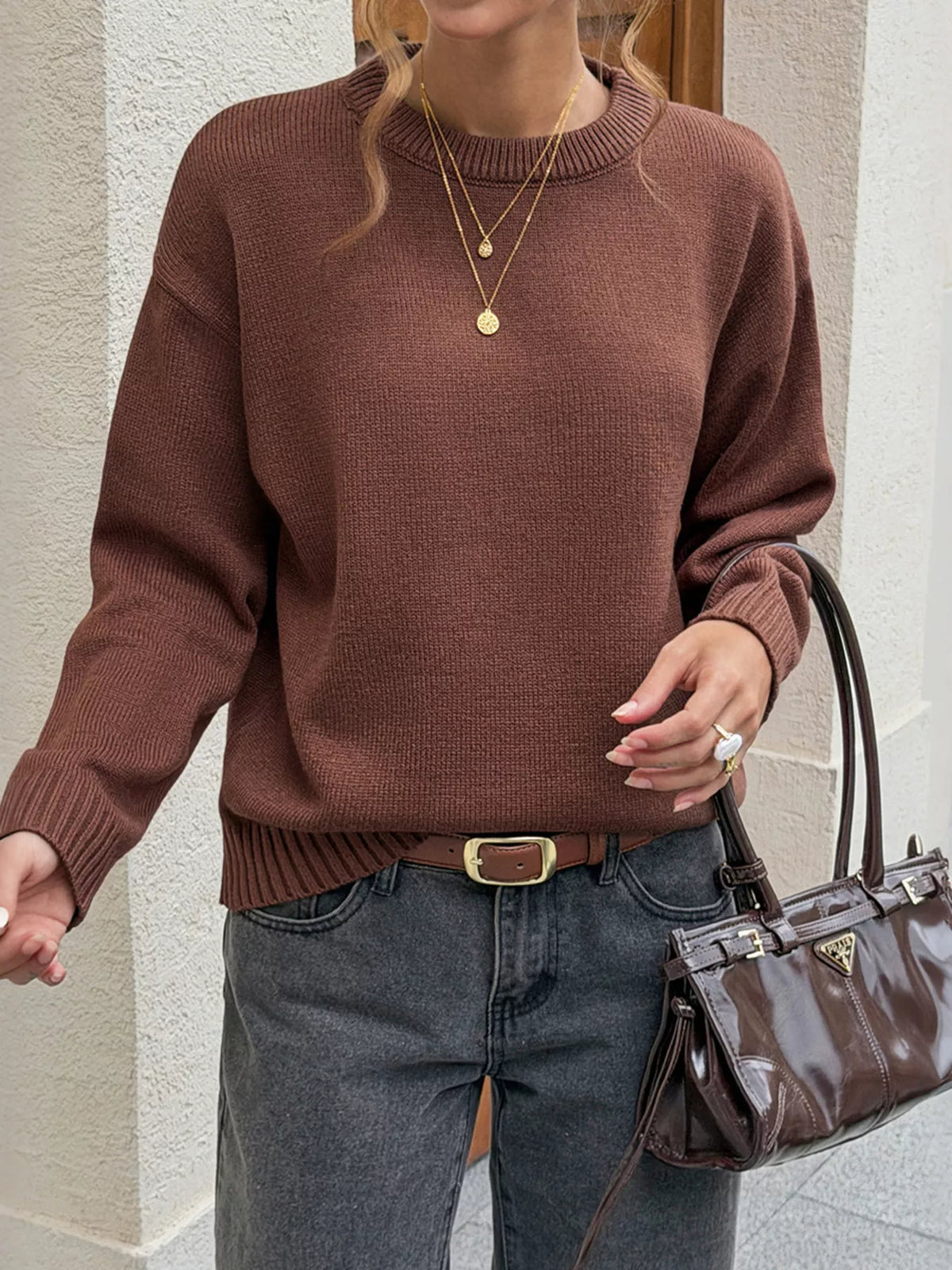 Women's Brown Crew Neck Ribbed Hem Sweater - Brown