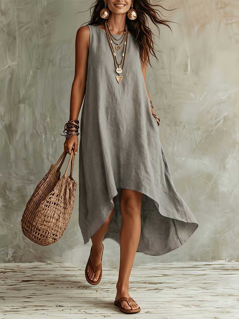 Womens Casual Round-neck Sleeveless Loose-fitting Midi Dress