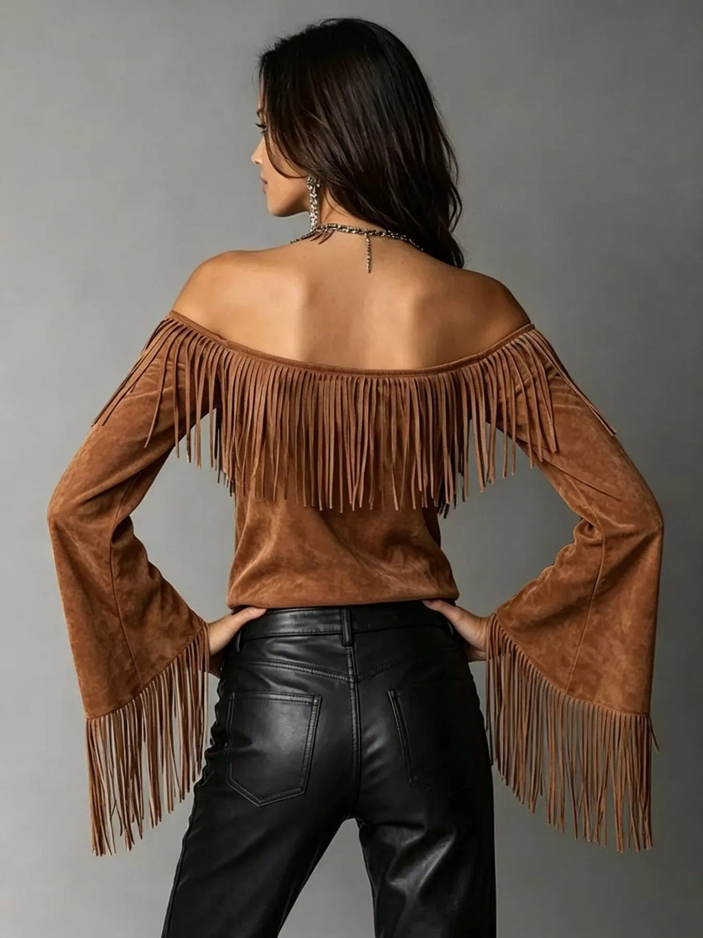 Full Size Fringed Off-Shoulder Flare Sleeve Top Plus Size