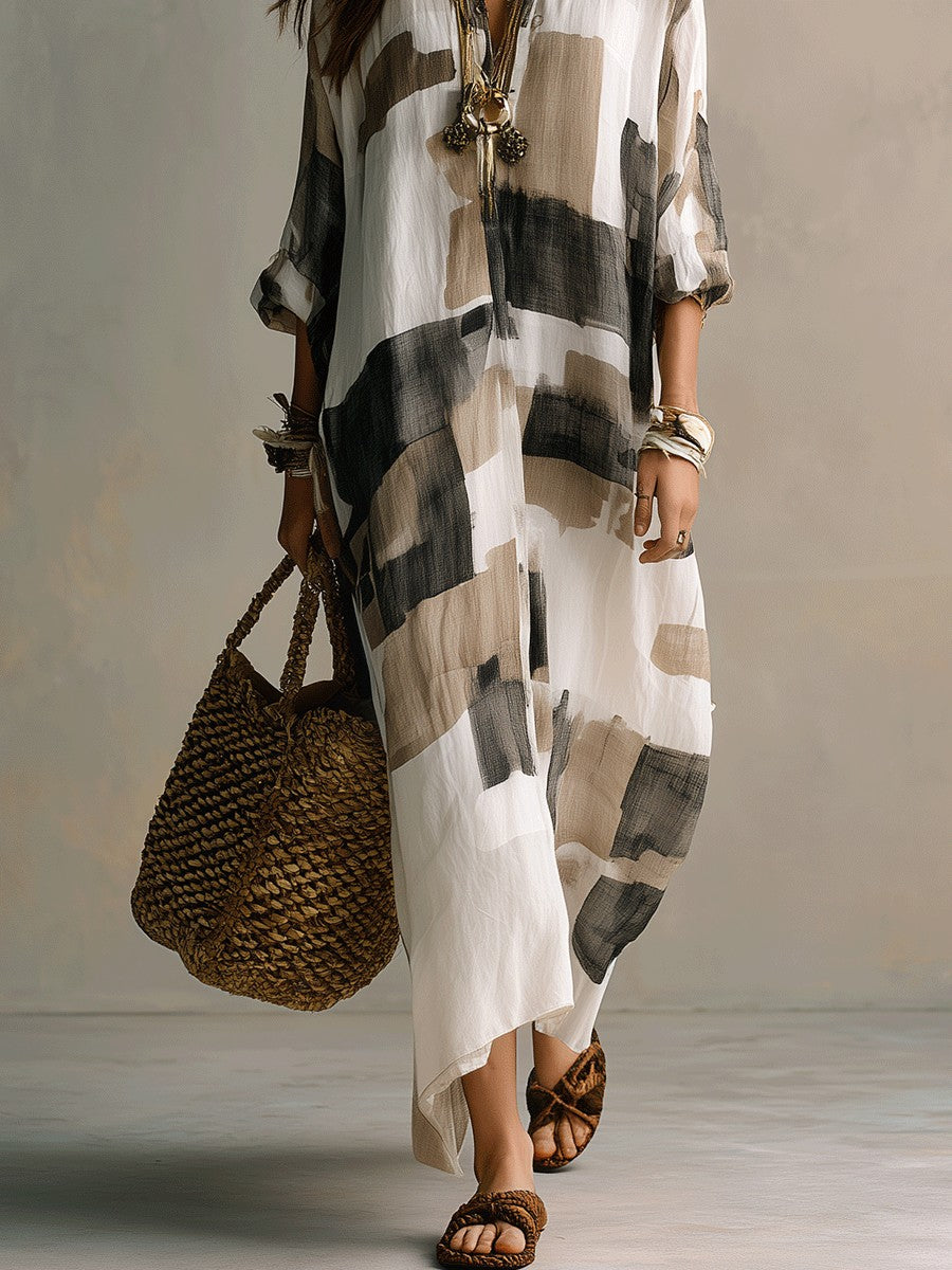 Women's Khaki New Arrival Casual & American Vacation Style Printed Lapel Long Sleeve Maxi Dress - Khaki