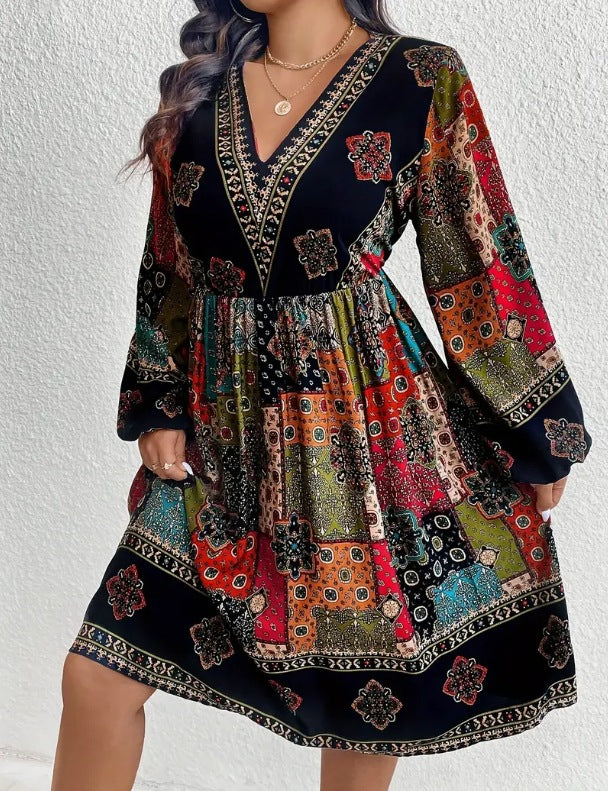 Women's Long Sleeve V-neck Printed Dress