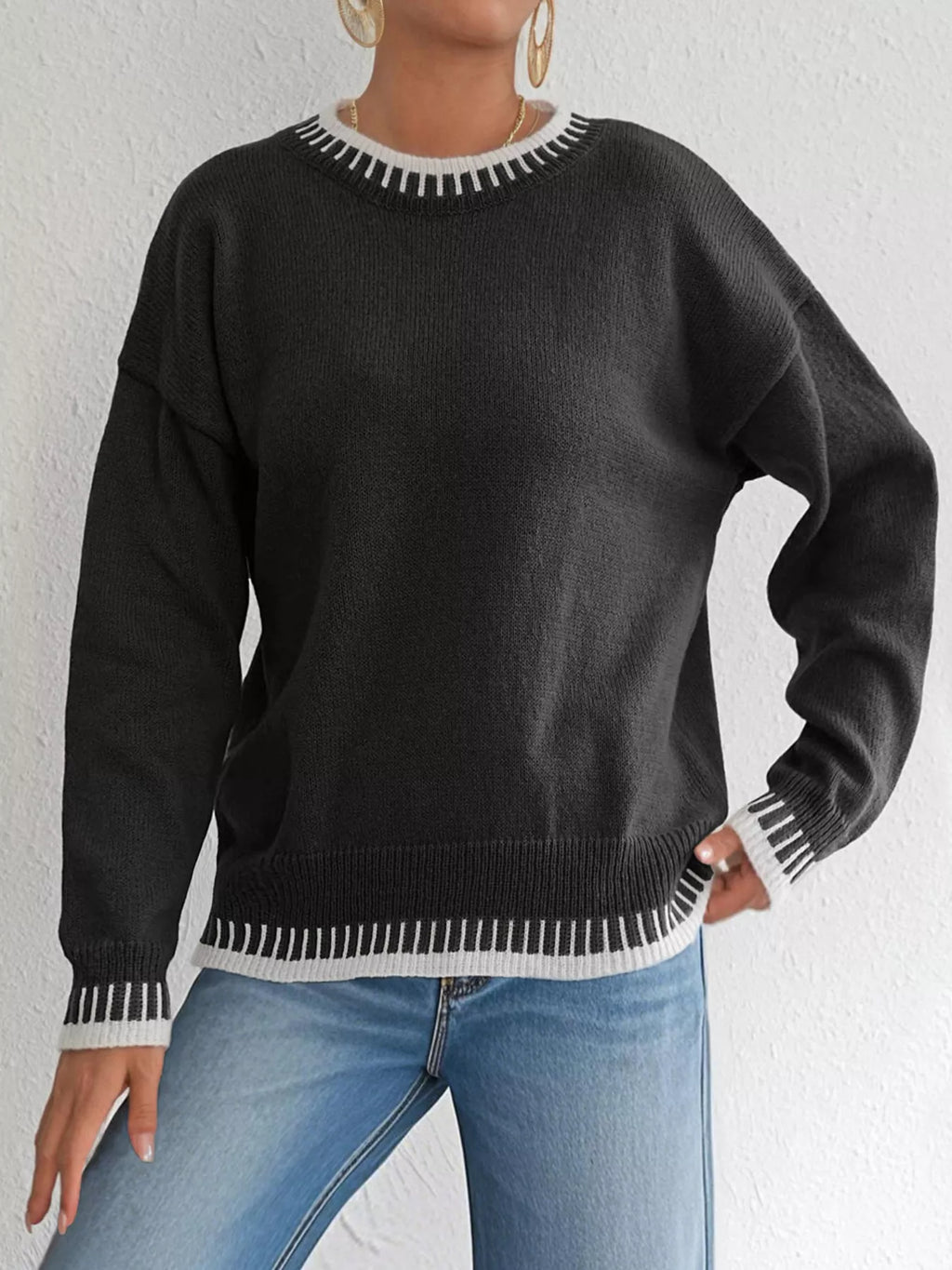 Women's Contrast Trim Crew Neck Drop Shoulder Sweater