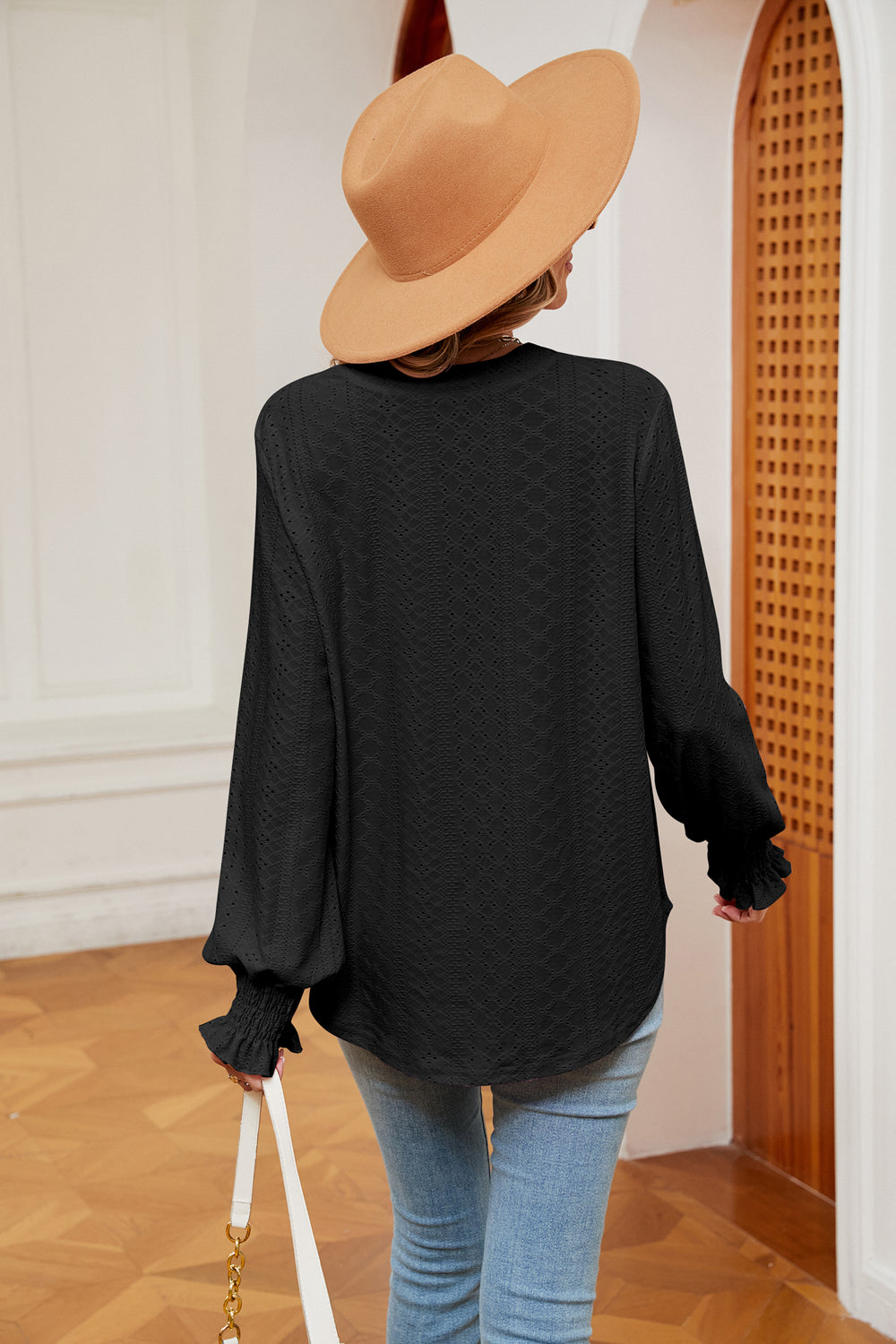 Women's Notched Neck Flounce Sleeve Blouse