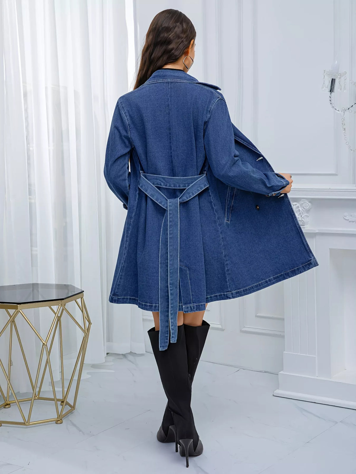 Women's Blue Belted Double-Breasted Denim Jacket - Blue