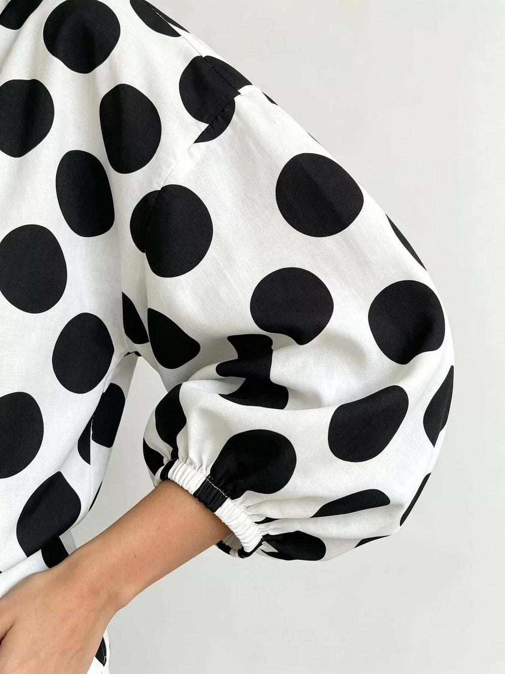 Women's White Polka Dot Puff Sleeve Shirt - White