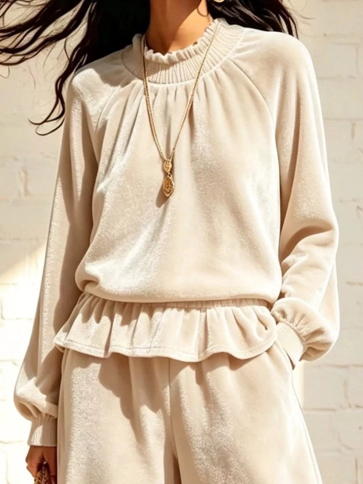 Women's Velvet Peplum Top and Wide-Leg Pants Set