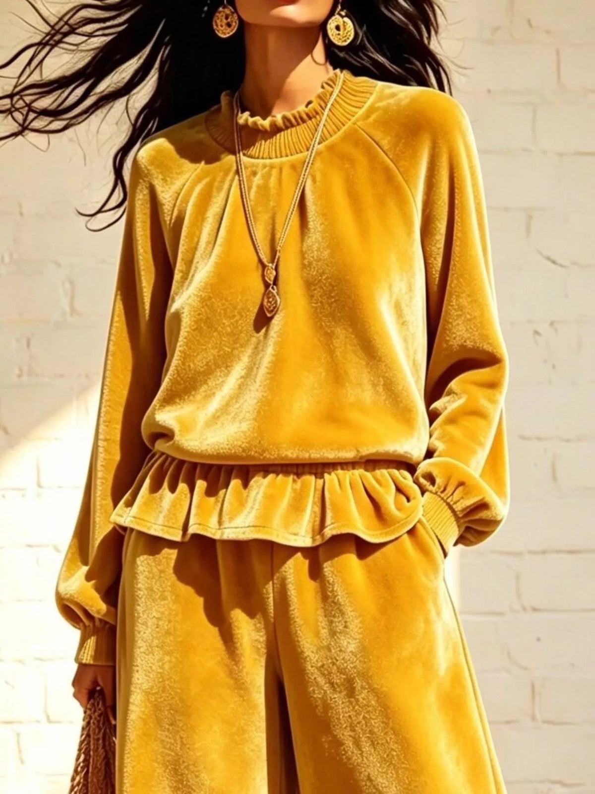 Women's Velvet Peplum Top and Wide-Leg Pants Set
