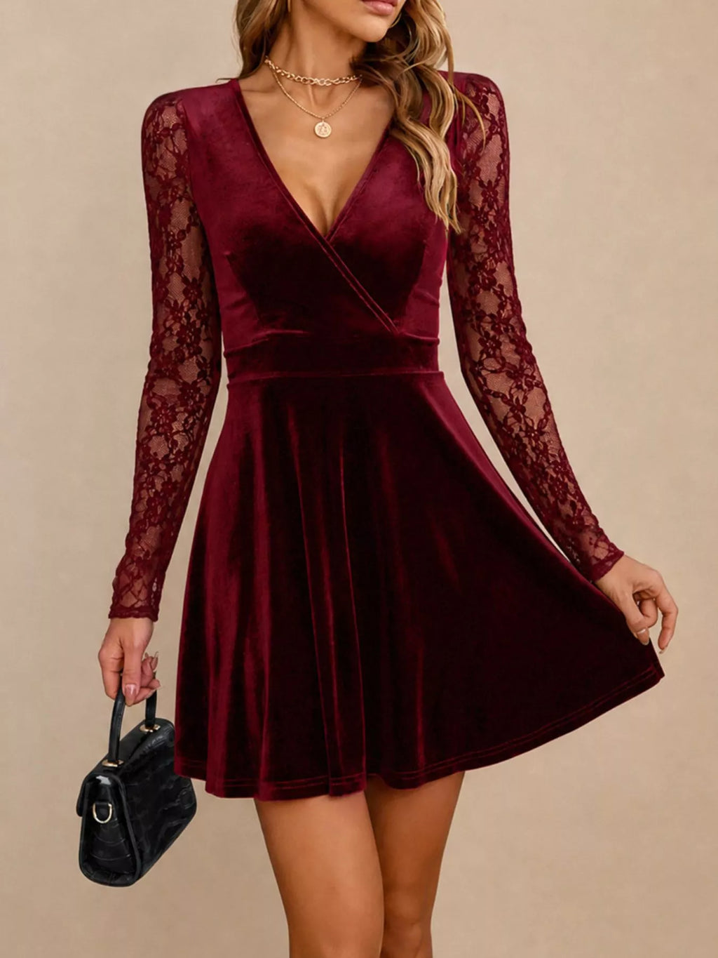 Women's Burgundy Velvet Lace Long Sleeve Mini Dress - Burgundy