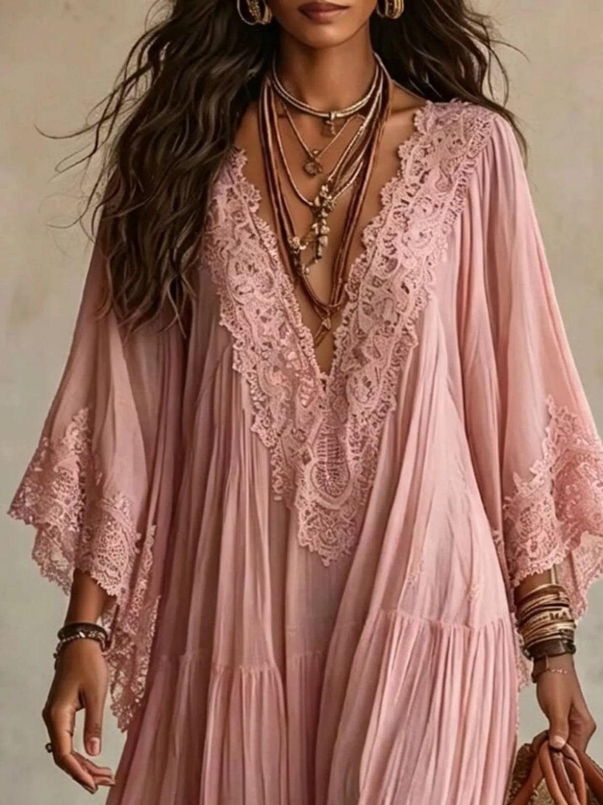 Women's Lace Trim V-Neck Maxi Dress
