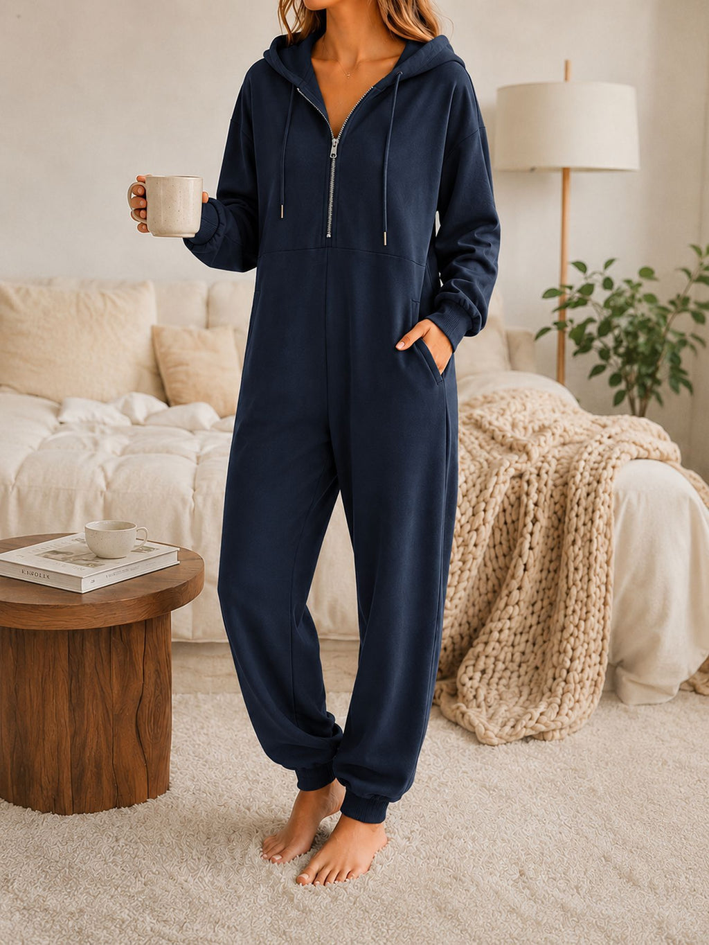 Women Hooded Jumpsuit Loungewear, Half Zip Drawstring Long Sleeve Jogger One Piece Pajama Jumpsuit With Pockets