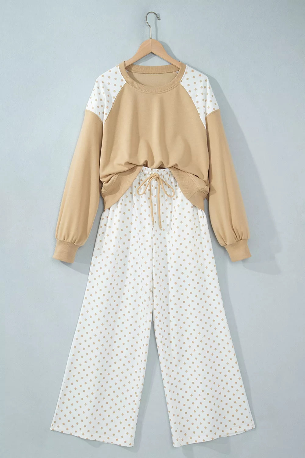 Women's Tan Polka Dot Patchwork Colorblock Long Sleeve Casual Two Piece Pants Set - Tan