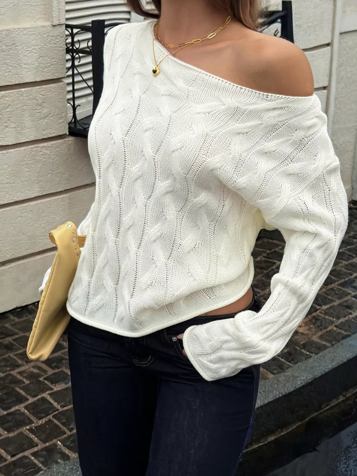 Women's White Cable Knit Boat Neck Sweater - White