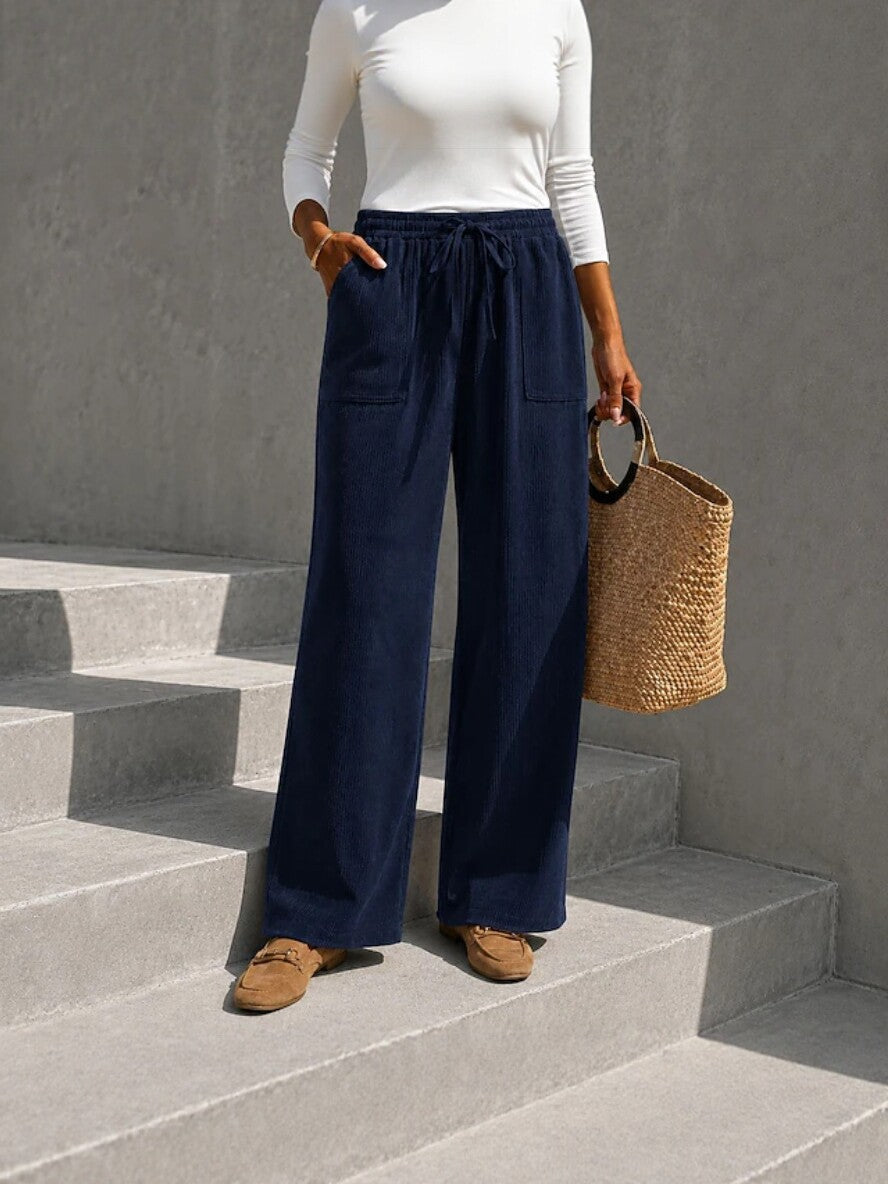 Autumn Winter Women's Corduroy Wide Leg Pants With Elastic Waist And Drawstring, Loose Casual Long Pants