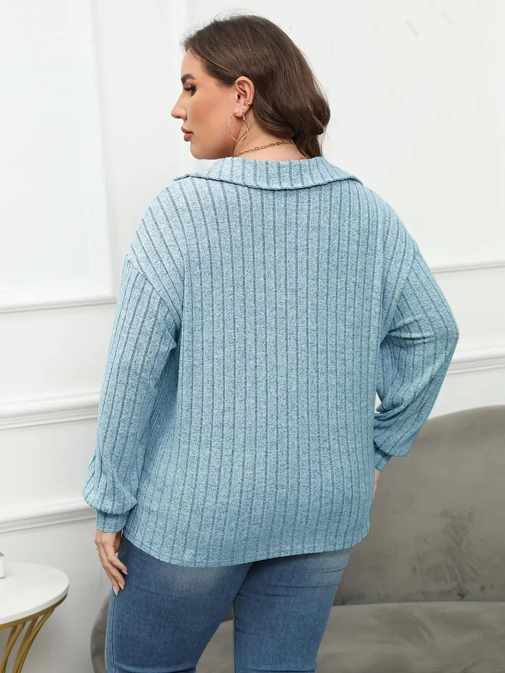 Women's Ribbed Collared Neck Long Sleeve Blouse, Plus Size