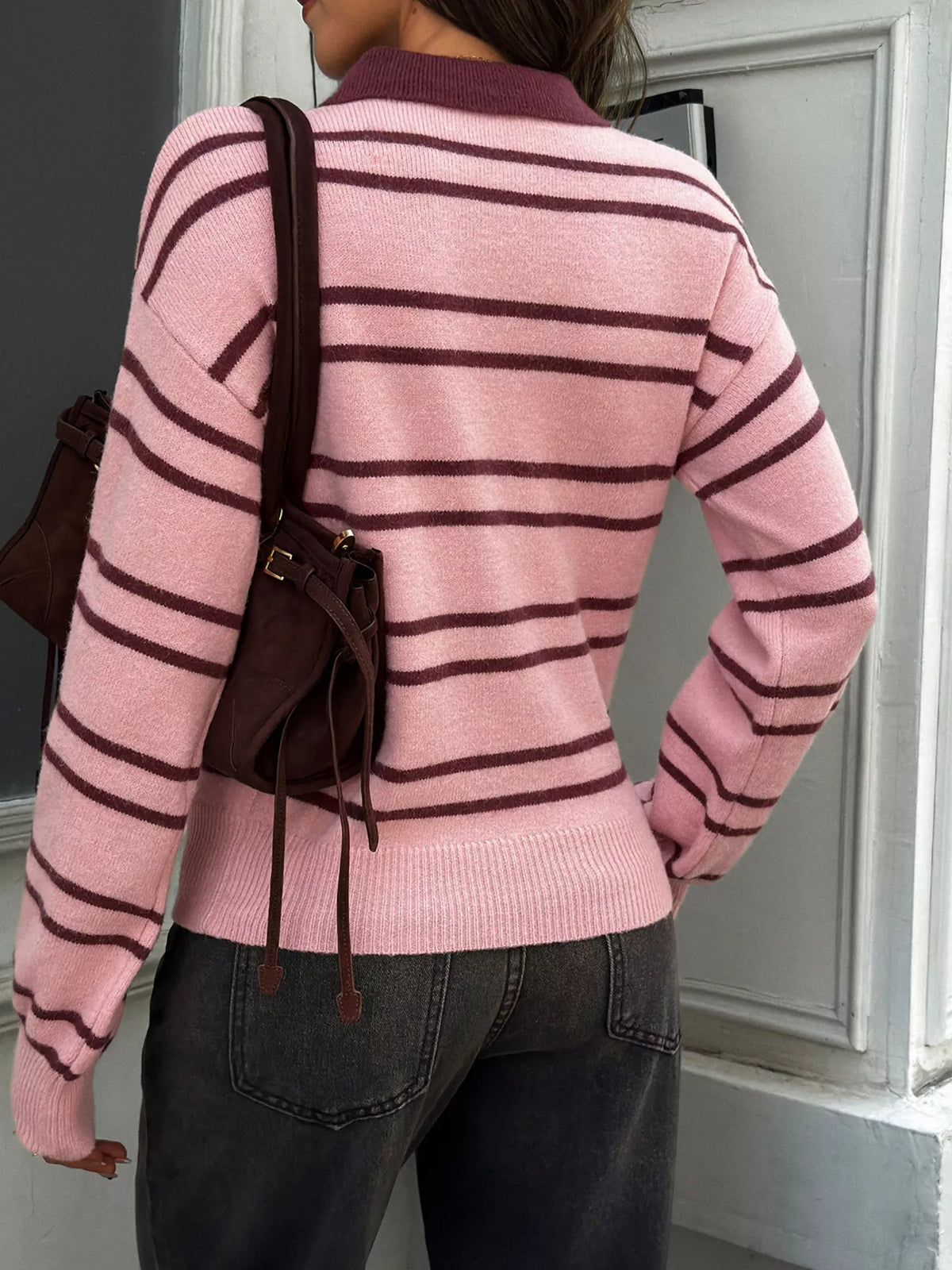 Women's Pink And Brown Stripes Striped Polo Collar Dropped Shoulder Sweater - Pink And Brown Stripes