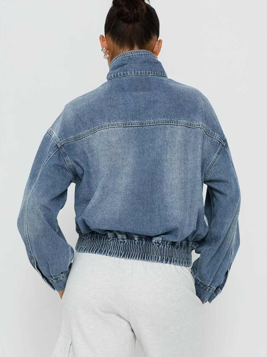 Women's Blue Washed Stand-Up Collar Denim Jacket - Blue
