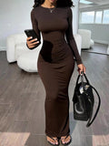 Women's Brown Bodycon Long Sleeve Maxi Dress - Brown