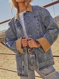 Women's Blue Zip Up Contrast Corduroy Collar Denim Jacket - Blue