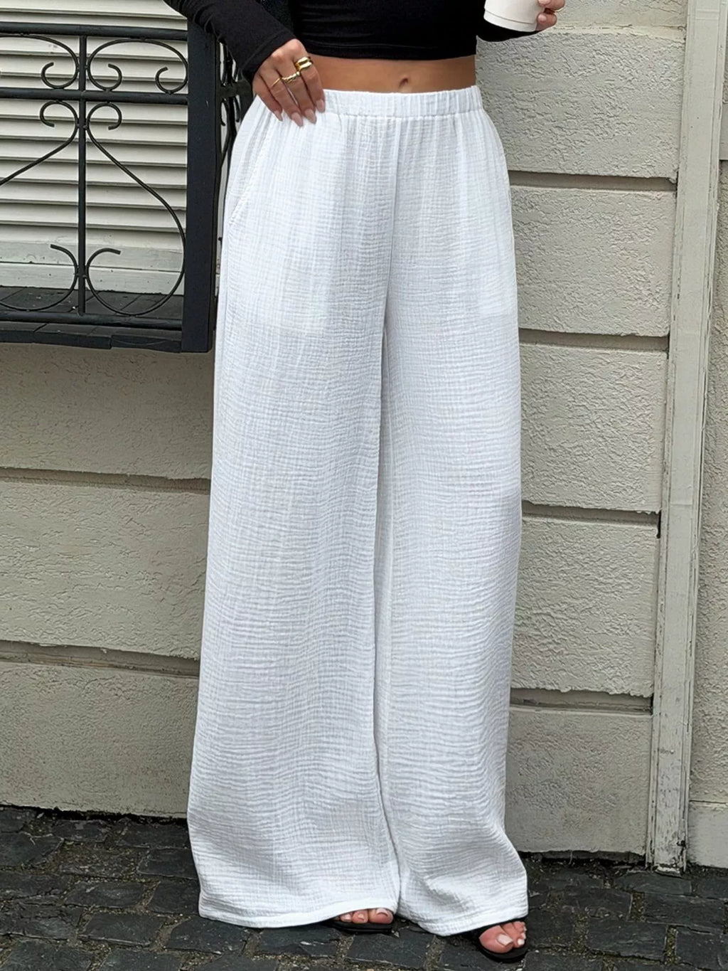 Women's White Textured Wide-Leg Casual Pants - White