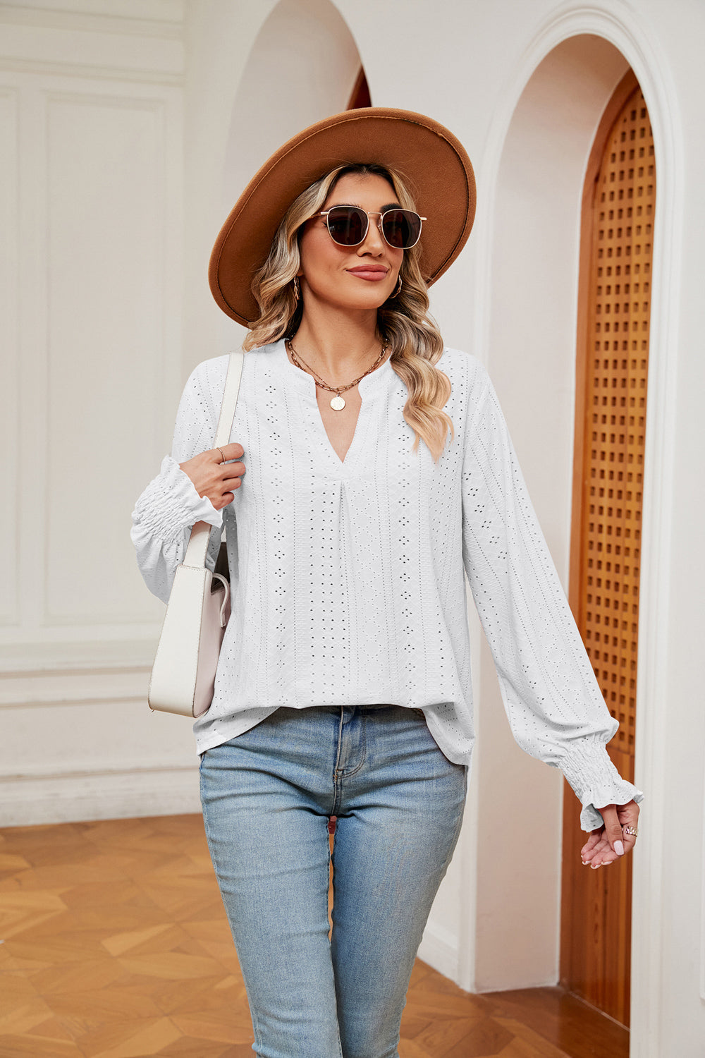 Women's Notched Neck Flounce Sleeve Blouse - White