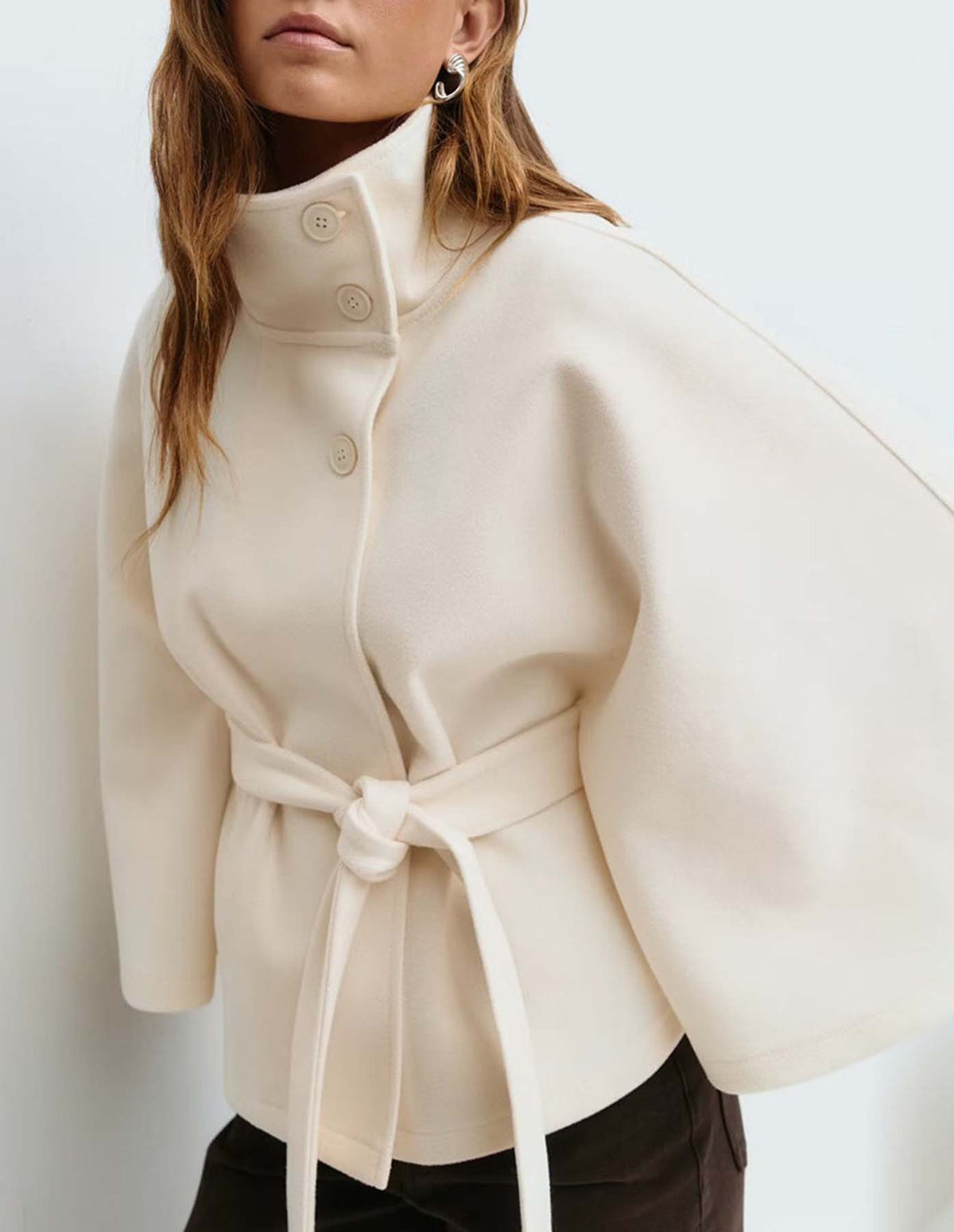 Women's Autumn And Winter New Fashion Solid Color Cape Stand Collar Button Belt Trench Coat Jacket