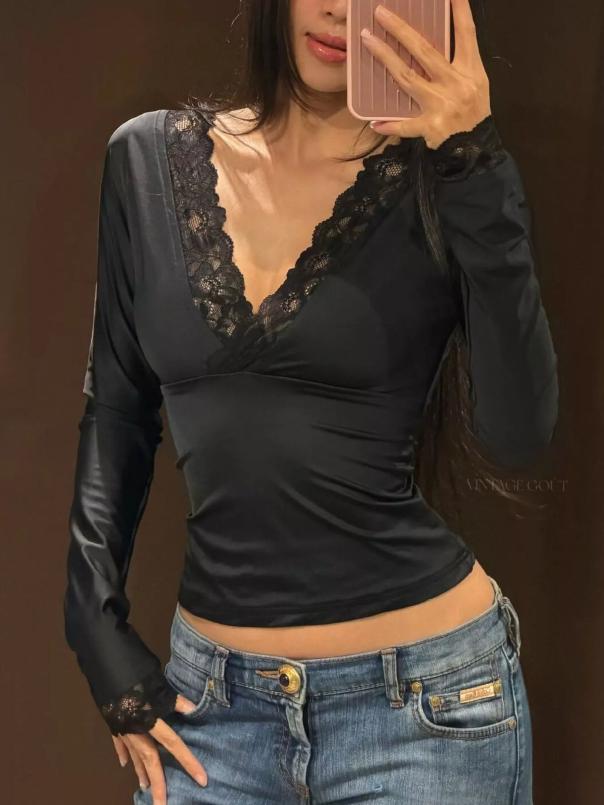 Women's Lace-Trimmed Long Sleeves Wrap Blouse