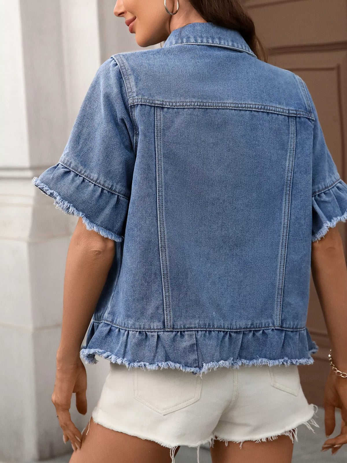 Women's Raw Hem Button Up Denim Jacket