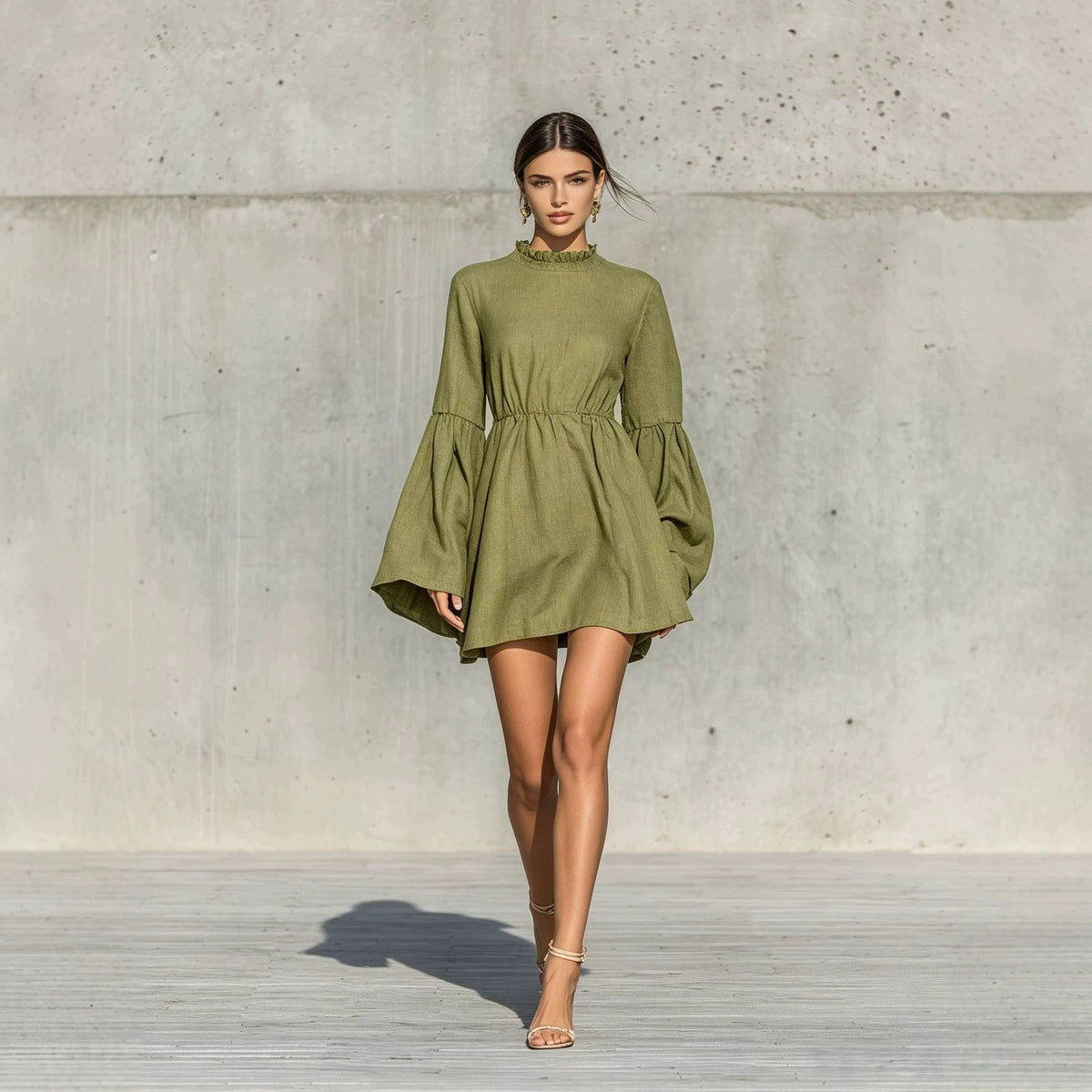 Spring And Autumn Half Collar Lantern Sleeve Elastic Waist Solid Color Cotton Linen Blend Loose Mini Dress