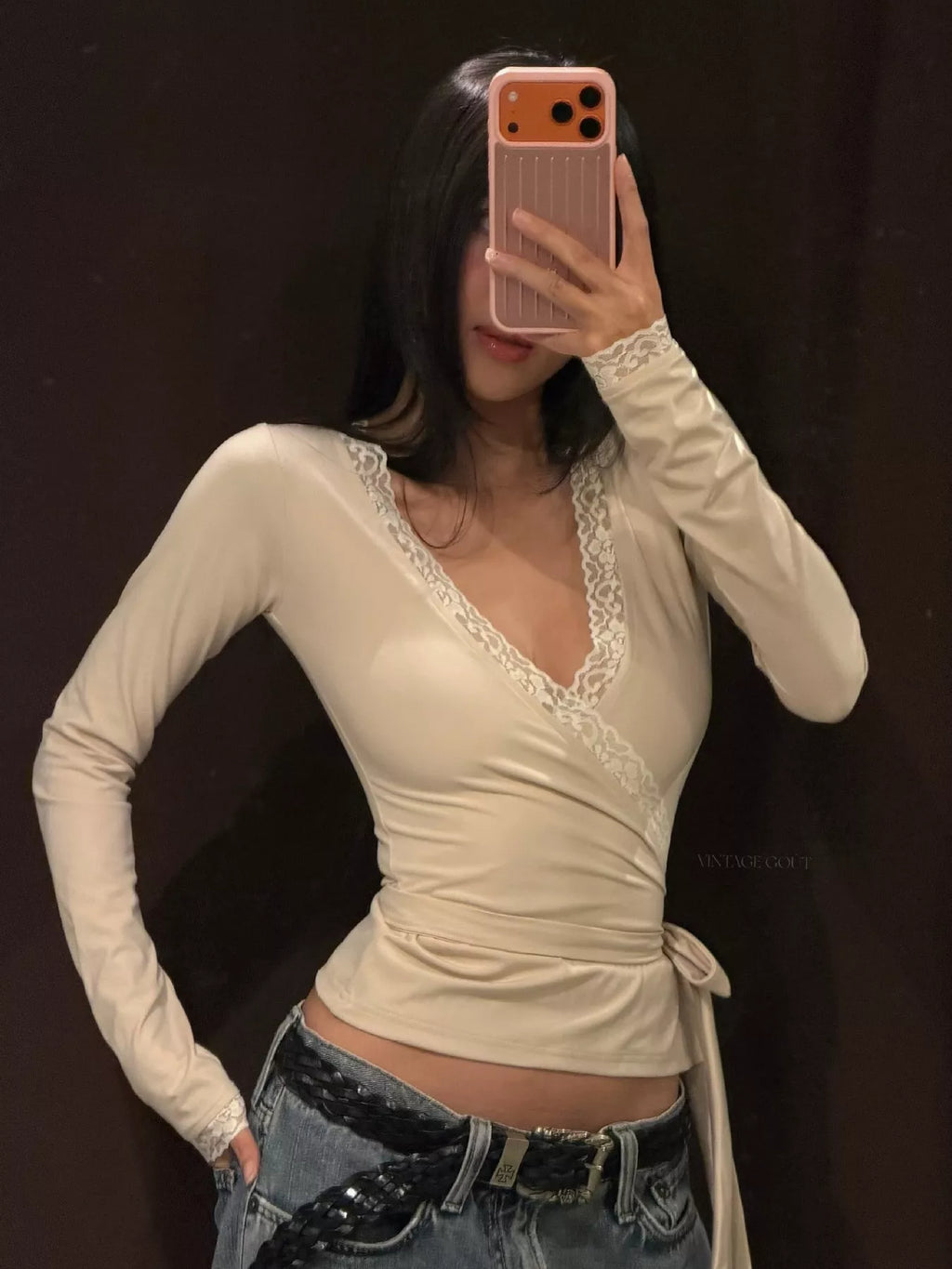 Women's Lace-Trimmed Long Sleeves Wrap Blouse