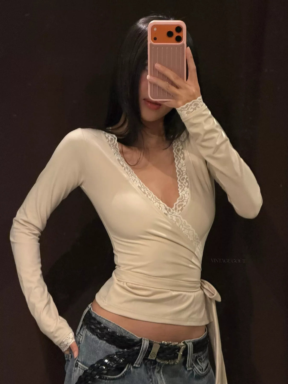 Women's Lace-Trimmed Long Sleeves Wrap Blouse