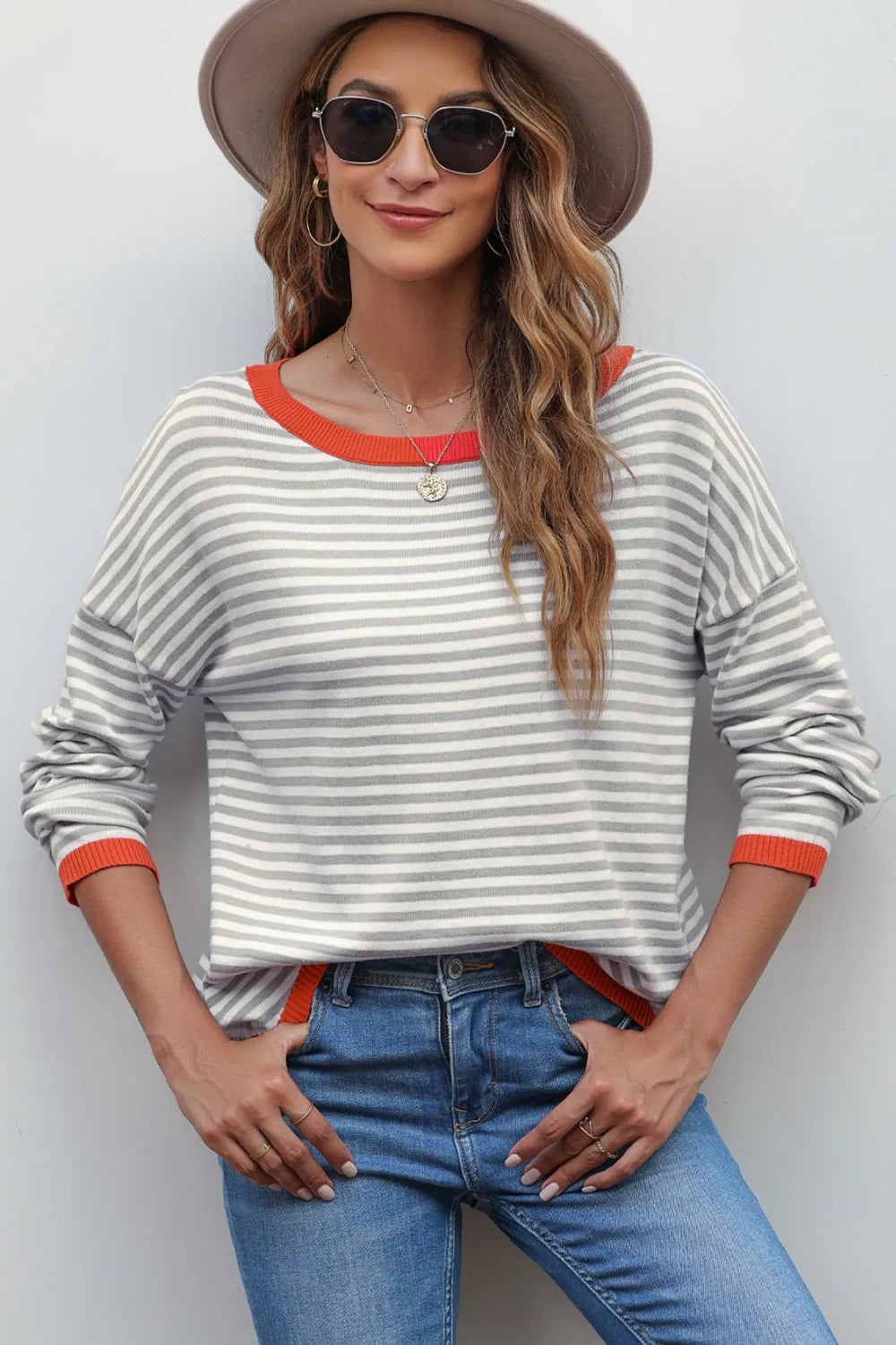 Women's Striped Round Neck Drop Shoulder T-Shirt