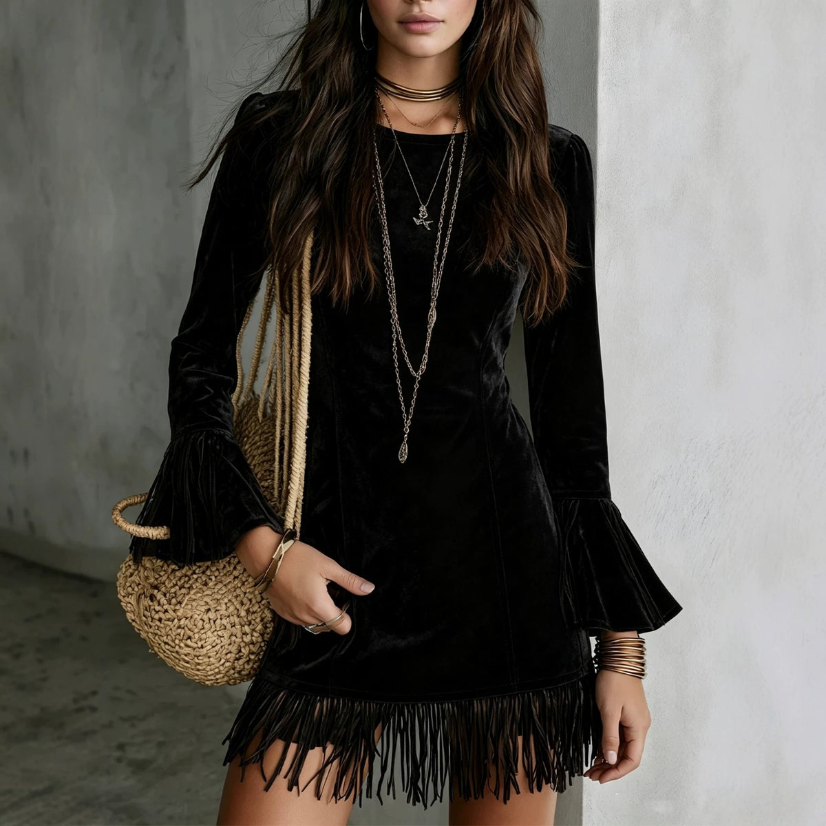 Women's Faux Suede Tassel Slim-fit Long Dress