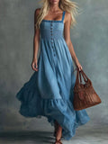 Women's Sky Blue Smocked Button Front Denim Maxi Dress - Sky Blue