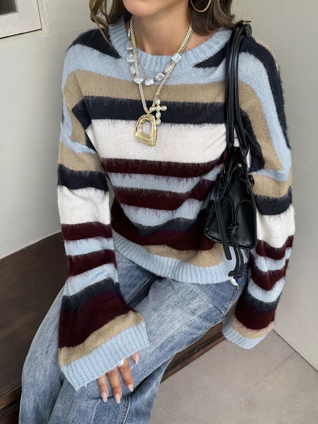 Women's Colorful Stripes Multi-Color Striped Fuzzy Sweater - Colorful Stripes