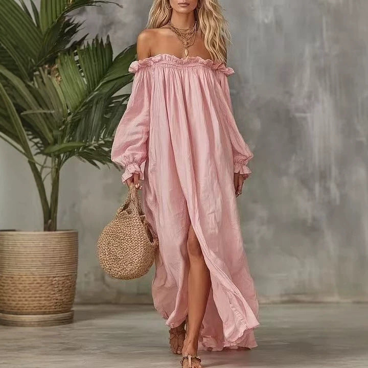 Dropped-shoulder Loose-fit Candy-colored Long-sleeve Dress