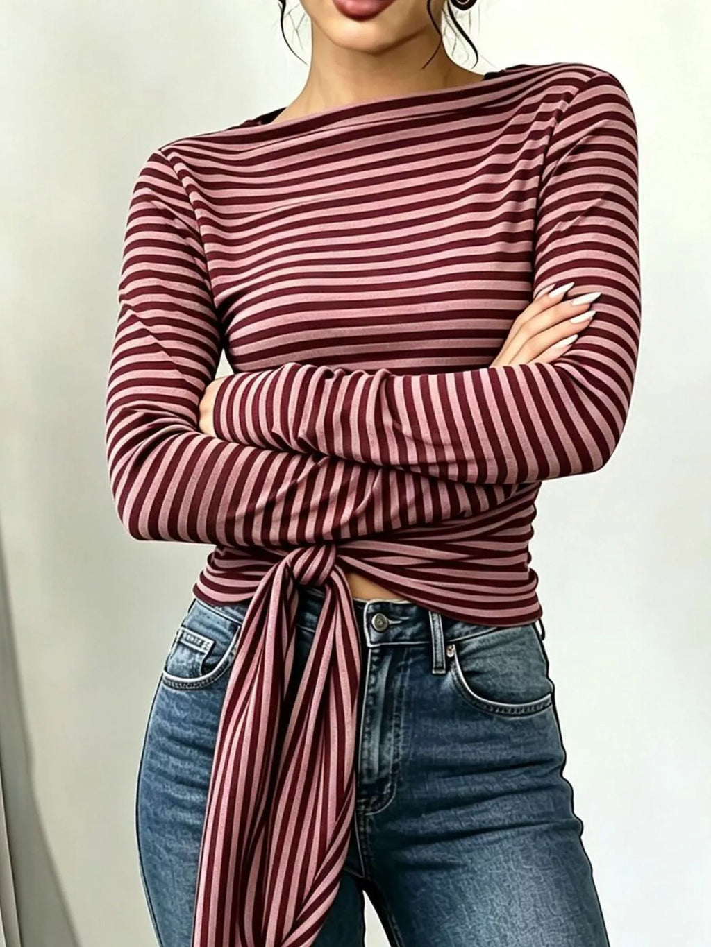 Women's Long Sleeve Striped T-Shirt with Front Tie Detail